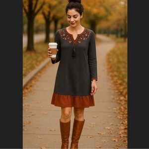 THML Boho Embroidered v neck straight shift dress